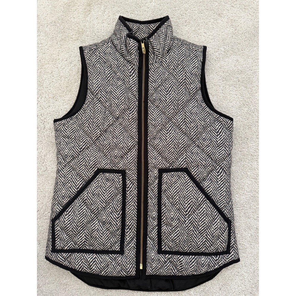 J.Crew Excursion Quilted Vest Black White Herringbone XXS Zip Up Gold Hardware